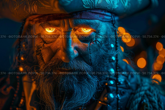 Scary old pirate wearing tricorn hat and showing glowing eyes. Стоковое AI-изображение, AI-художник Иван Рябоконь / Фотобанк Лори