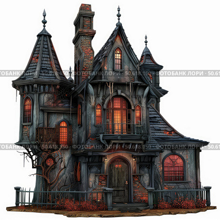 Scary victorian haunted house with glowing windows at twilight. Стоковое AI-изображение, AI-художник Иван Рябоконь / Фотобанк Лори
