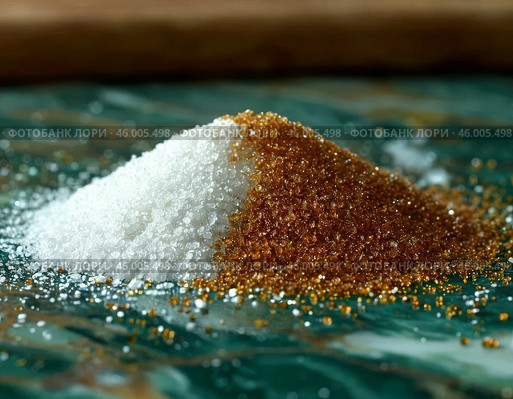Scattered white and brown granulated sugar on wooden kitchen table. Стоковое AI-изображение, AI-художник Сергей Елизарьев / Фотобанк Лори