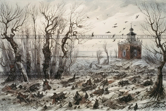 Scene after the battle in the winter forest. The field is covered with the bodies of soldiers and various pieces of military equipment. Trees without leaves, their bare branches create a gloomy atmosphere. In the background you can see a small church or chapel, done in dark colors. Crows fly in the sky, adding a sense of tragedy and emptiness to the scene. Gray and brown shades emphasize the harshness and coldness of the environment. Стоковое AI-изображение, AI-художник Анна Кривицкая / Фотобанк Лори