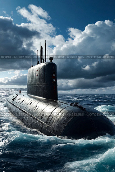 Scene of surfaced unknown nuclear submarine at north waters in open sea/ocean. Sub military control of sea, protection of water. Naval forces army, military war technology concept. Copy ad text space. Стоковое AI-изображение, AI-художник Aleksandr Golubev / Фотобанк Лори