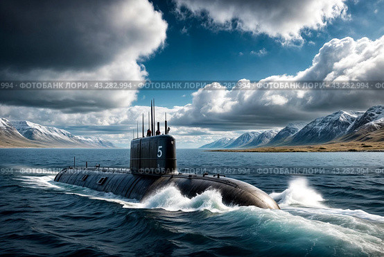 Scene of surfaced unknown nuclear submarine at north waters in open sea/ocean. Sub military control of sea, protection of water. Naval forces army, military war technology concept. Copy ad text space. Стоковое AI-изображение, AI-художник Aleksandr Golubev / Фотобанк Лори