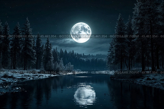 Scenery of dark cold fairy forest, dramatic scene with trees, big moon at river, moonlight. Shadow landscape in night woodland, moon reflection in river. Futuristic tale concept. Copy ad text space. Стоковое AI-изображение, AI-художник Aleksandr Golubev / Фотобанк Лори