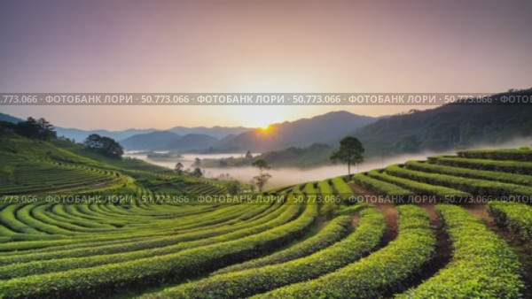 Scenic view of terraced tea fields at sunrise with mist in the valley, surrounded by hills and peaceful rural landscape. Стоковое AI-видео, аниматор Башкирова Анна / Фотобанк Лори