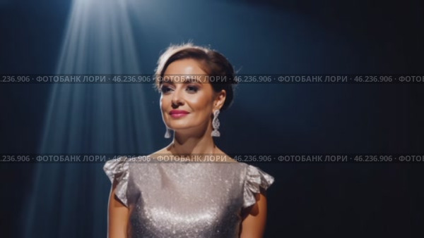 Счастливая женщина стоит на сцене в центре внимания, излучая радость, гордость и уверенность. Стоковое AI-видео, аниматор Анжелика Самсонова / Фотобанк Лори