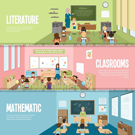 School Classroom Banners. Horizontal banners with scenes in school classrooms on literature mathematics and elementary lessons vector illustration. Стоковая иллюстрация, агентство Ingram Publishing / Фотобанк Лори