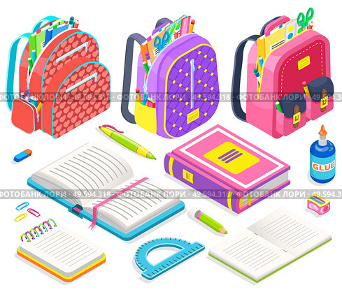 Schoolbag with supplies for classes vector, isolated set of books and pencils, back to school concept. Isometric cartoon of satchels with scissors and glue bottle, ruler and pen sharpener and notebook. Satchels with School Supplies, Books and Pencils. Стоковая иллюстрация, агентство Ingram Publishing / Фотобанк Лори