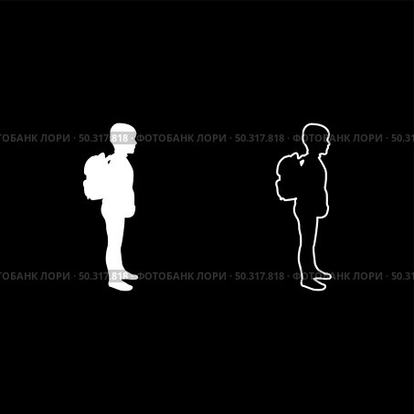 Schoolboy with backpack Pupil stand carrying on back Going to school concept Come back to school idea education Preschooler rucksack first September start lessons knapsack Side view silhouette white color vector illustration solid outline style simple image. Schoolboy with backpack Pupil stand carrying on back Going to school concept Come back to school idea education Preschooler rucksack first September start lessons knapsack Side view silhouette white color vector illustration solid outline style image. Стоковая иллюстрация, агентство Ingram Publishing / Фотобанк Лори