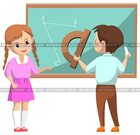 Schoolgirl stand in class near schoolboy drawing geometric figures and lines on school blackboard with protractor and chalk vector illustration flat. Schoolchildren near Blackboard on Geometry Lesson. Стоковая иллюстрация, агентство Ingram Publishing / Фотобанк Лори