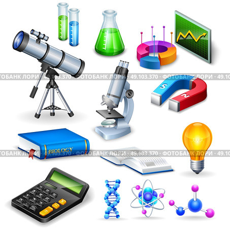 Science Realistic Icons Set. Science realistic icons set with microscope calculator telescope magnet  and  models of substance molecule vector illustration. Стоковая иллюстрация, агентство Ingram Publishing / Фотобанк Лори