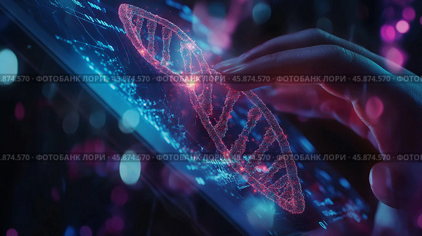 Scientist analyzing DNA data in a futuristic lab setting with vibrant digital displays. Стоковое AI-изображение, AI-художник Михаил Коханчиков / Фотобанк Лори