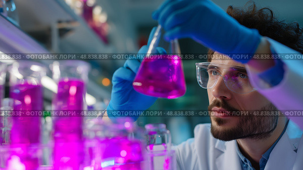 Scientist conducts experiment with vibrant pink liquids in laboratory setting. Стоковое AI-изображение, AI-художник Сергей Толмачёв / Фотобанк Лори