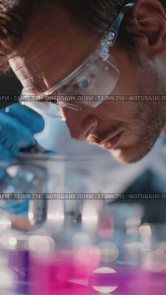 Scientist conducts experiments with colorful liquids in laboratory setting during daylight hours. Стоковое AI-видео, аниматор Сергей Толмачёв / Фотобанк Лори