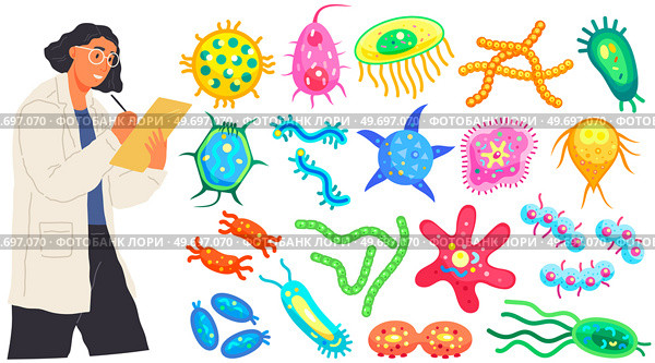 Scientist makes laboratory analysis of life system and organisms. Microbiology, biology, science, biological research concept. Biologist making notes during study of cells and microorganisms. Biologist making notes during study of microorganisms. Scientist makes laboratory analysis. Стоковая иллюстрация, агентство Ingram Publishing / Фотобанк Лори
