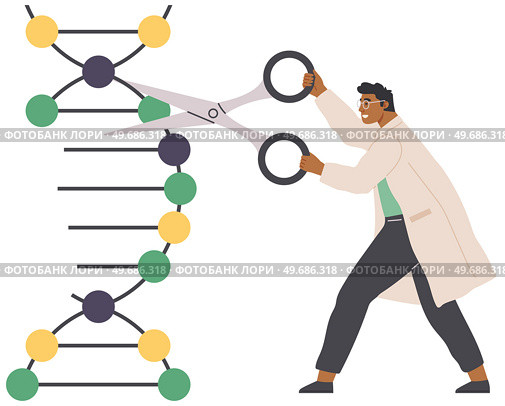 Scientist modifying DNA molecule using scissors. Genetic engineering or modification, manipulation of genes using biotechnology, molecular biology. Man conducting experiment with dna structure. Man conducting experiment with gene structure. Scientist modifying DNA molecule using scissors. Стоковая иллюстрация, агентство Ingram Publishing / Фотобанк Лори