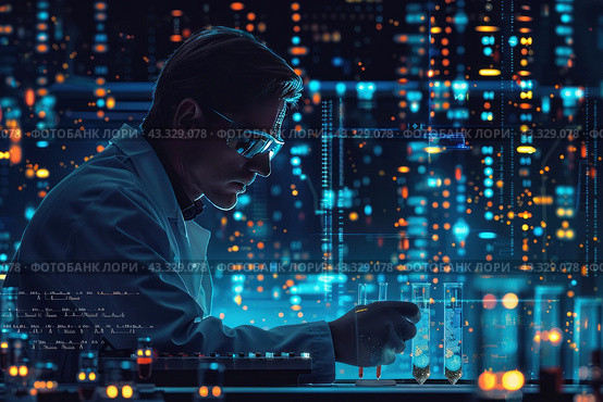 Scientist working in laboratory. He is wearing a white lab coat and safety glasses. In his hands he holds test tubes with chemicals that glow when interacting. The background of the image is filled with abstract glowing elements and data, creating a high-tech and futuristic atmosphere. Lighting effects and vibrant colors give the image a modern and technological look, symbolizing advances in science and technology. Стоковое AI-изображение, AI-художник Анна Кривицкая / Фотобанк Лори