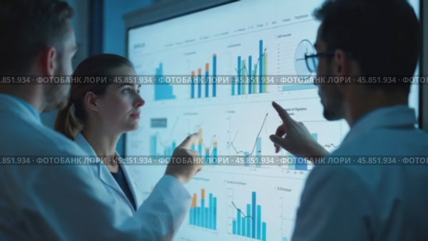 Scientists Analyze Data Trends in a Laboratory Setting During an Evening Research Meeting Discussing Important Findings. Стоковое AI-видео, аниматор Sergey Grishin / Фотобанк Лори