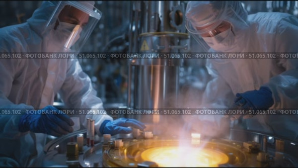 Scientists conduct research on chemical reactions in a controlled lab environment with advanced equipment and safety gear. Стоковое AI-видео, аниматор Сергей Толмачёв / Фотобанк Лори