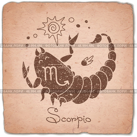 Scorpio zodiac sign horoscope vintage card.. Scorpio zodiac sign horoscope vintage card. Vector illustration. Стоковая иллюстрация, агентство Ingram Publishing / Фотобанк Лори