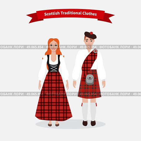 Scottish traditional clothes people. Culture scotland, clothing tradition, kilt skirt, costume uniform, person in national dress, scotsman and tartan, celtic and highlander illustration. Стоковая иллюстрация, агентство Ingram Publishing / Фотобанк Лори