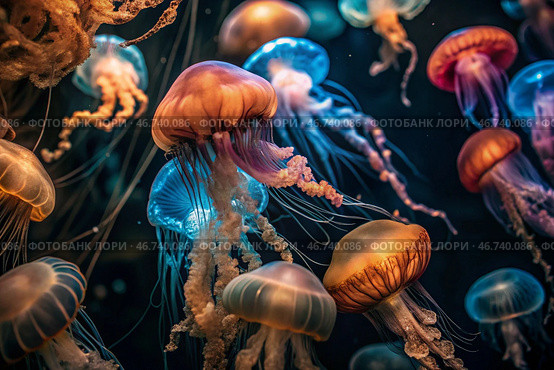 Scuba diving. Diving. Colorful jellyfish swim in tropical waters. A jellyfish in the underwater world of wild animals. Ocean wildlife watching. Стоковое AI-изображение, AI-художник Photojuli / Фотобанк Лори