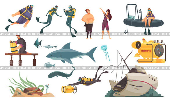 Scuba diving flat comics elements set  swimming with fish ocean bottom sunken ship wetsuit bathyscaphe vector illustration. Стоковая иллюстрация, агентство Ingram Publishing / Фотобанк Лори