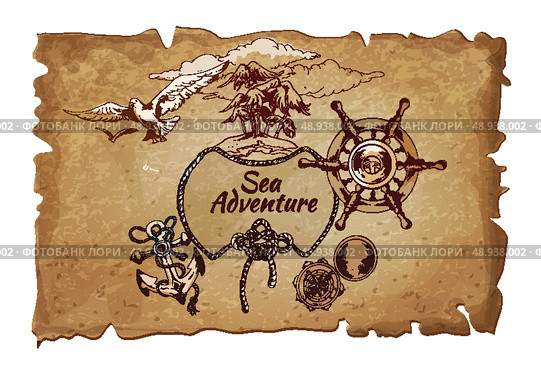 Sea adventure nautical design elements ancient pergament poster with steering wheel and anchor handdrawn vector illustration. Стоковая иллюстрация, агентство Ingram Publishing / Фотобанк Лори