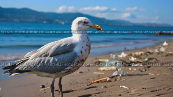 Sea gull on the coast polluted by plastic debris. Стоковое AI-видео, аниматор Ирина Старикова / Фотобанк Лори