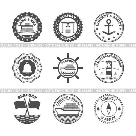 Sea port marine transport and cruise shipping label set isolated vector illustration. Sea Port Label Set. Стоковая иллюстрация, агентство Ingram Publishing / Фотобанк Лори