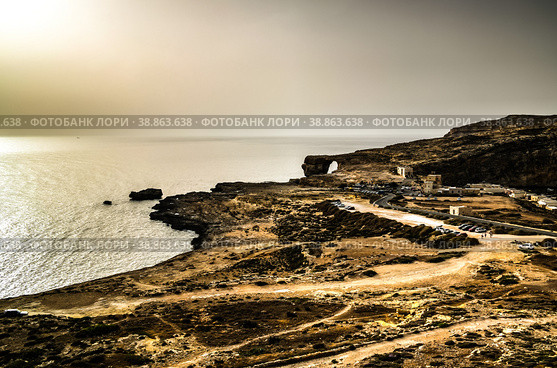 Sea view to Azure window natural arch, now vanished, Gozo island, Malta (2016 год). Стоковое фото, фотограф Сергей Майоров / Фотобанк Лори