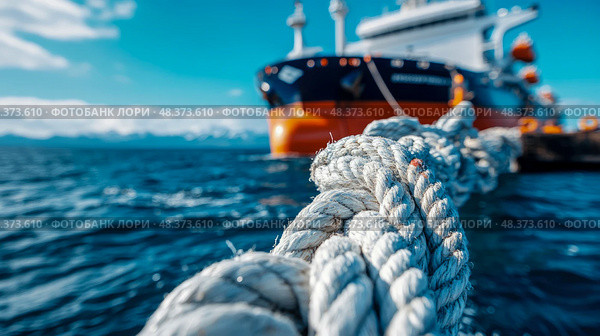 Seafaring Adventure: Close-up of Ship Rope on water. Стоковое AI-изображение, AI-художник Данила Большаков / Фотобанк Лори