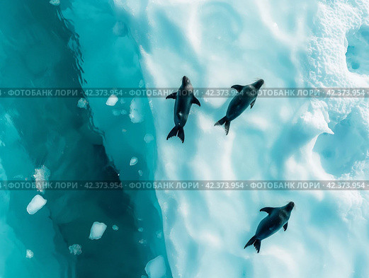 Seals on Ice Floes in Icy Waters. Стоковое AI-изображение, AI-художник Кирилл Черезов / Фотобанк Лори