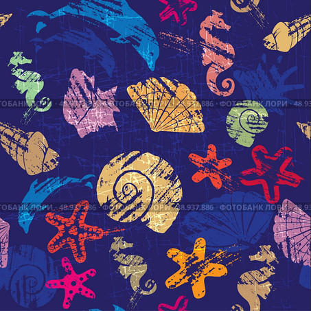 Seamless background with Marine life - pattern with shells, seahorses, dolphins, sea stars. Стоковая иллюстрация, агентство Ingram Publishing / Фотобанк Лори
