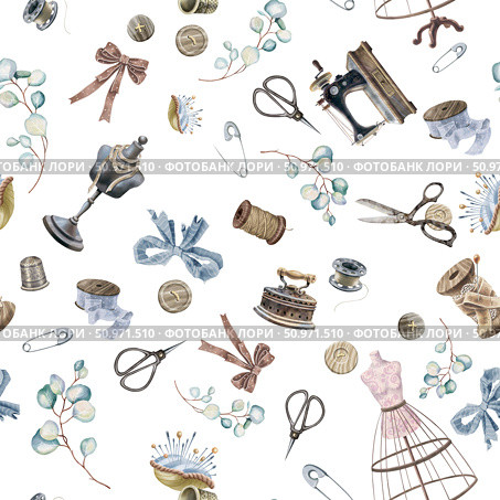 Seamless pattern made from many sewing supplies and eucalyptus leaves. Watercolor vintage tailoring Items. For printing on fabric, clothes, wallpapers, wrap paper package, etc. Стоковая иллюстрация, иллюстратор Larisa Hamukova / Фотобанк Лори