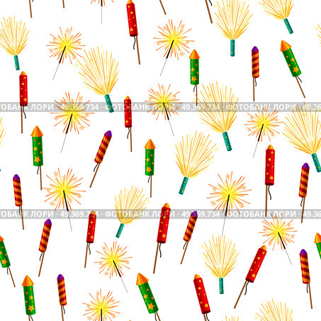 Seamless pattern with bengal fires, colorful rockets and sparkler firework elements isolated on white. New Year attributes pyrotechnic firecracker in cartoon style, flat design vector illustration. Seamless Pattern with Rockets Sparklers Fireworks. Стоковая иллюстрация, агентство Ingram Publishing / Фотобанк Лори