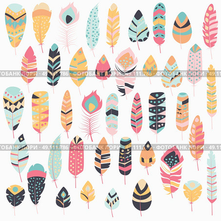 Seamless pattern with boho vintage tribal ethnic colorful vibrant feathers, vector illustration. Стоковая иллюстрация, агентство Ingram Publishing / Фотобанк Лори
