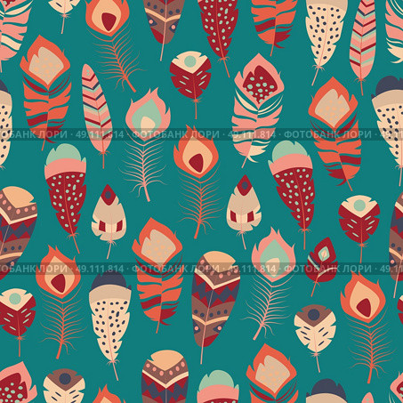 Seamless pattern with boho vintage tribal ethnic colorful vibrant feathers, vector illustration. Стоковая иллюстрация, агентство Ingram Publishing / Фотобанк Лори
