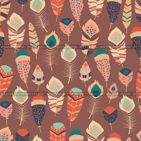 Seamless pattern with boho vintage tribal ethnic colorful vibrant feathers, vector illustration. Стоковая иллюстрация, агентство Ingram Publishing / Фотобанк Лори