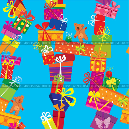 Seamless pattern with colorful gift boxes, presents and teddy bears on blue background. Ready to use as swatch. Стоковая иллюстрация, агентство Ingram Publishing / Фотобанк Лори