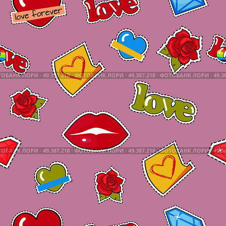 Seamless pattern with lips, roses, colorful hearts and diamonds patch. Textile fabric of objects with dashed line. Wrapping paper design for valentines day. Modern fashionable wallpaper. Vector. Seamless Pattern with Lips, Roses, Hearts, Diamond. Стоковая иллюстрация, агентство Ingram Publishing / Фотобанк Лори