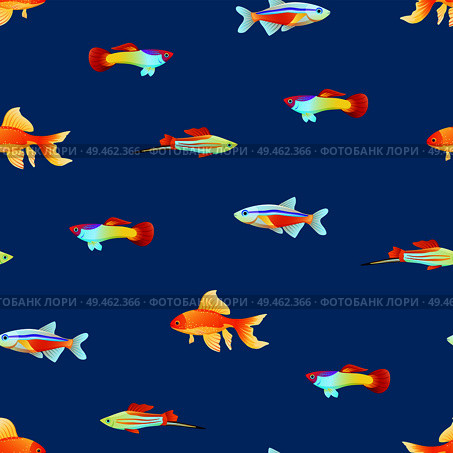 Seamless pattern with small marine creatutes cartoon vector illustration. Print for textile or fabric with sea inhabitants, cartoonish wallpaper.. Varicoloured Marine Creatures Seamless Pattern. Стоковая иллюстрация, агентство Ingram Publishing / Фотобанк Лори