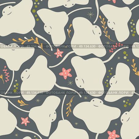 Seamless pattern with underwater ocean animals, cute stingray and starfish, colorful vector illustration. Стоковая иллюстрация, агентство Ingram Publishing / Фотобанк Лори