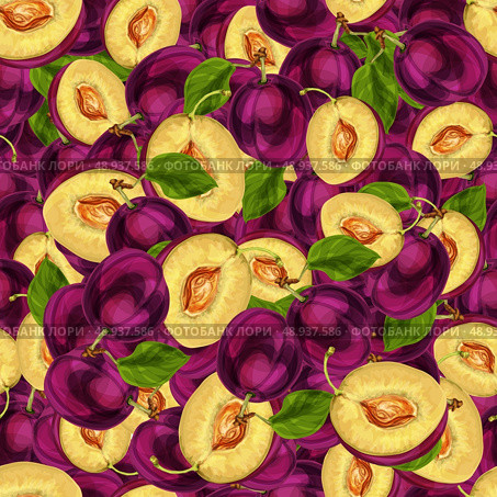 Seamless plum fruit sliced in half with seed leaves and juicy meat pattern hand drawn sketch vector illustration. Стоковая иллюстрация, агентство Ingram Publishing / Фотобанк Лори