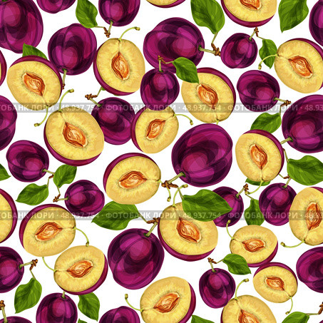 Seamless plum fruit sliced in half with seed leaves and juicy meat pattern hand drawn sketch vector illustration. Стоковая иллюстрация, агентство Ingram Publishing / Фотобанк Лори