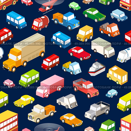 Seamless repeating background of various isometric vehicles, cars, buses and trucks. Стоковая иллюстрация, агентство Ingram Publishing / Фотобанк Лори