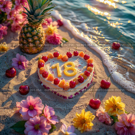 Seaside, azure water, flowers, waves, tropical fruits and a birthday cake for celebrating your 18 th birthday. Стоковое AI-изображение, AI-художник Анатолий Володин / Фотобанк Лори