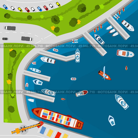 Seaside port aerial top view poster. Seaside dockyard harbor terminal area with cargo vessels top view from above poster flat abstract vector illustration. Стоковая иллюстрация, агентство Ingram Publishing / Фотобанк Лори
