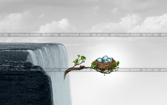 Security and danger conceptual visual metaphor as a business symbol for safety during stressful times or early challenges for a startup as a branch hanging over a water fall with fragile nest eggs in a 3D illustration style. Стоковое фото, агентство Ingram Publishing / Фотобанк Лори