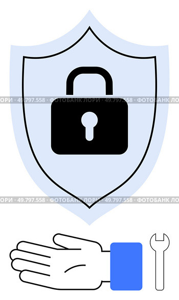 Security shield with locked padlock symbol, open hand, and wrench emphasizing protection and technical support. Ideal for cybersecurity, privacy, maintenance, tech services, safety, aid and trust. Security Shield with Locked Padlock, Hand, and Wrench Representing Protection and Technical Support. Стоковая иллюстрация, агентство Ingram Publishing / Фотобанк Лори
