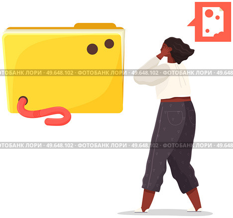 Security system technology icon. Worm damages computer folder with data files. Girl looks in fright at worm eating folder with program data. Breaking system, computer virus, cracking software. Girl looks in fright at worm eating folder with program data. Breaking security system of computer. Стоковая иллюстрация, агентство Ingram Publishing / Фотобанк Лори